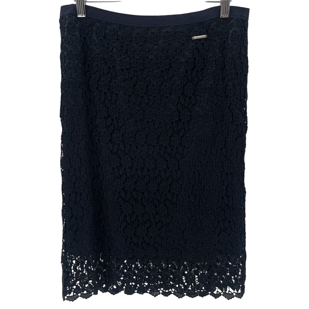 Marella Floral Lace Overlay Navy 100% Viscose Elegant Luxury Pencil Skirt Size 8